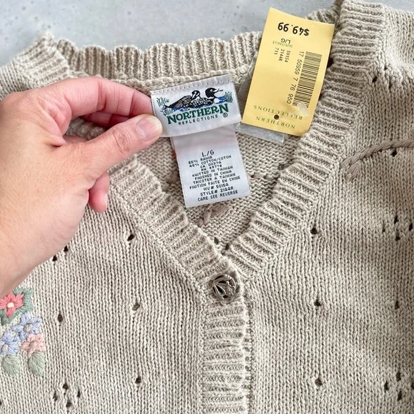 NWT Vintage Northern Reflections Tan Knit Embroidered Pastel Flowers Cardigan L - Picture 2 of 6